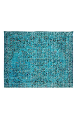 191x302 Cm El Dokuması Yeniden Boyanmış Eski Türk Halısı, Modern Mavi El Yapımı Yünlü Halı