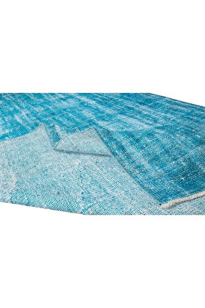 147x262 Cm El Dokuması Yeniden Boyanmış Eski Türk Halısı, Modern Mavi El Yapımı Yünlü Halı
