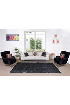 180x292 Cm El Dokuması Yeniden Boyanmış Eski Türk Halısı, Modern Siyah El Yapımı Yünlü Halı