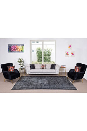 207x305 Cm El Dokuması Yeniden Boyanmış Eski Türk Halısı, Modern Siyah El Yapımı Yünlü Halı