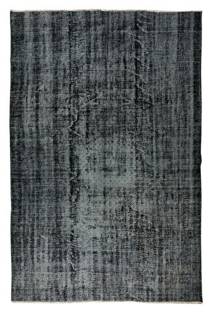 207x305 Cm El Dokuması Yeniden Boyanmış Eski Türk Halısı, Modern Siyah El Yapımı Yünlü Halı