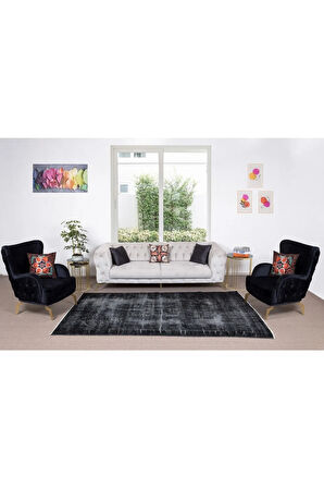 172x278 Cm El Dokuması Yeniden Boyanmış Eski Türk Halısı, Modern Siyah El Yapımı Yünlü Halı