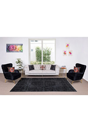 195x292 Cm El Dokuması Yeniden Boyanmış Eski Türk Halısı, Modern Siyah El Yapımı Yünlü Halı