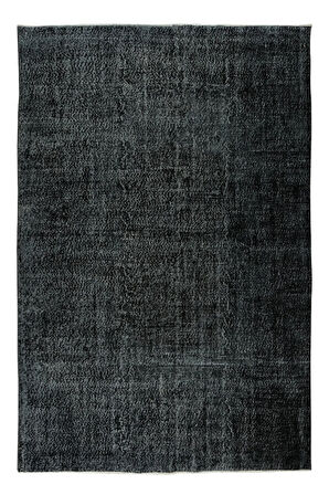 195x292 Cm El Dokuması Yeniden Boyanmış Eski Türk Halısı, Modern Siyah El Yapımı Yünlü Halı