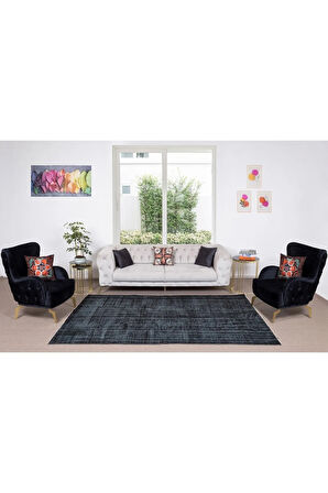 183x276 Cm El Dokuması Yeniden Boyanmış Eski Türk Halısı, Modern Siyah El Yapımı Yünlü Halı