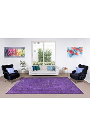 173x308 Cm El Dokuması Yeniden Boyanmış Eski Türk Halısı, Modern Mor El Yapımı Yünlü Halı