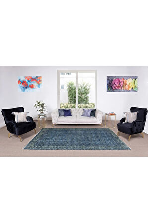 167x300 Cm El Dokuması Boyanmış Eski Anadolu Halısı, Modern Mavi El Yapımı Yünlü Halı