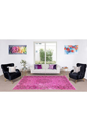 198x323 Cm El Dokuması Yeniden Boyanmış Eski Türk Halısı, Modern Pembe El Yapımı Yünlü Halı