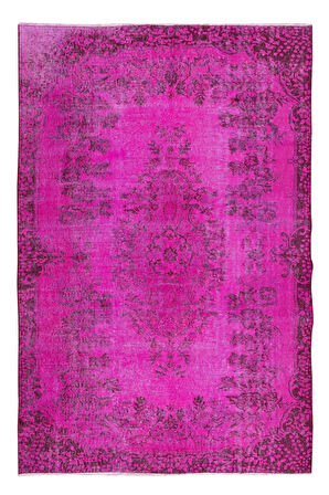 175x264 Cm El Dokuması Yeniden Boyanmış Eski Türk Halısı, Çağdaş Pembe El Yapımı Yünlü Halı