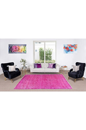 203x316 Cm Pembe Renkli Yünlü Halı, Modern El Dokuması Yeniden Boyanmış Eski Türk Halısı
