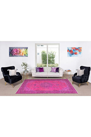 183x297 cm Pembe Renkli Yünlü Halı Modern El Dokuması Yeniden Boyanmış Eski Anadolu Halısı
