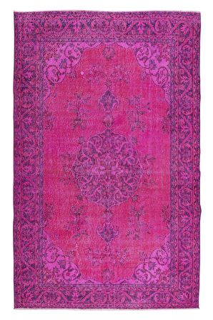 183x297 cm Pembe Renkli Yünlü Halı Modern El Dokuması Yeniden Boyanmış Eski Anadolu Halısı