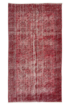 108x200 Cm El Dokuması Yeniden Boyanmış Eski Türk Halısı, Modern Kırmızı El Yapımı Yünlü Halı