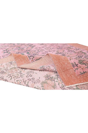 210x326 Cm Pembe Renkli Yünlü Halı, Modern El Dokuması Yeniden Boyanmış Eski Türk Halısı