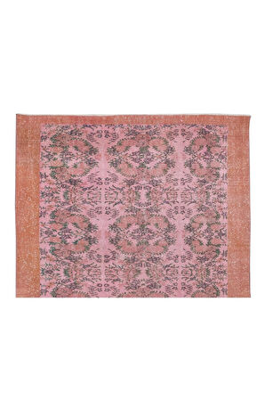 210x326 Cm Pembe Renkli Yünlü Halı, Modern El Dokuması Yeniden Boyanmış Eski Türk Halısı