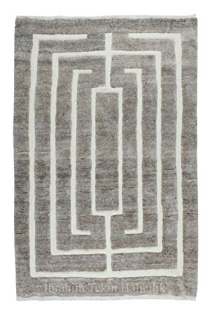 183x275 cm El Dokuması Tülü Halı, El Yapımı Bej ve Gri Geometrik Halı, 100% Yün, Oturma Odası Halısı