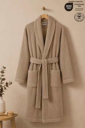 Bej Çizgili Bornoz %100 Sertifikalı Pamuk Şal Yaka Unisex Banyo Bornoz / Sabahlık 340 gr/m2