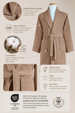 Bej Çizgili Bornoz %100 Sertifikalı Pamuk Şal Yaka Unisex Banyo Bornoz / Sabahlık 340 gr/m2