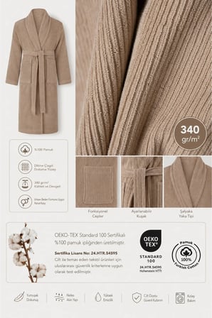 Bej Çizgili Bornoz %100 Sertifikalı Pamuk Şal Yaka Unisex Banyo Bornoz / Sabahlık 340 gr/m2