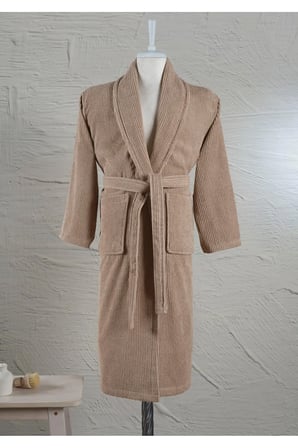 Bej Çizgili Bornoz %100 Sertifikalı Pamuk Şal Yaka Unisex Banyo Bornoz / Sabahlık 340 gr/m2