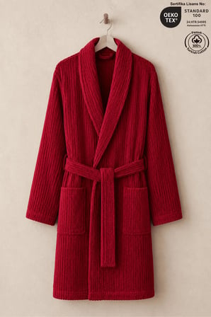 Bordo Çizgili Bornoz %100 Sertifikalı Pamuk Şal Yaka Unisex Banyo Bornoz / Sabahlık 340 gr/m2