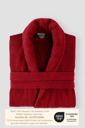 Bordo Çizgili Bornoz %100 Sertifikalı Pamuk Şal Yaka Unisex Banyo Bornoz / Sabahlık 340 gr/m2