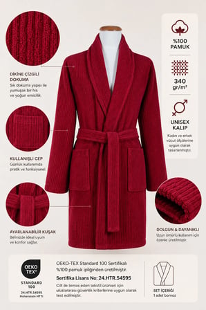 Bordo Çizgili Bornoz %100 Sertifikalı Pamuk Şal Yaka Unisex Banyo Bornoz / Sabahlık 340 gr/m2