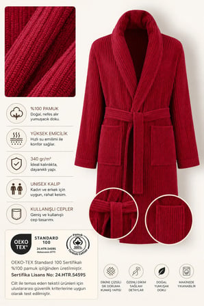Bordo Çizgili Bornoz %100 Sertifikalı Pamuk Şal Yaka Unisex Banyo Bornoz / Sabahlık 340 gr/m2