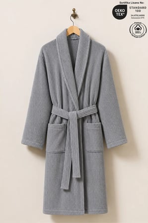 Gri Çizgili Bornoz %100 Sertifikalı Pamuk Şal Yaka Unisex Banyo Bornoz / Sabahlık 340 gr/m2