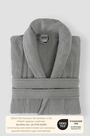 Gri Çizgili Bornoz %100 Sertifikalı Pamuk Şal Yaka Unisex Banyo Bornoz / Sabahlık 340 gr/m2