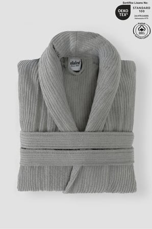 Gri Çizgili Bornoz %100 Sertifikalı Pamuk Şal Yaka Unisex Banyo Bornoz / Sabahlık 340 gr/m2