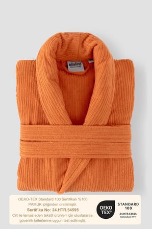 Turuncu Çizgili Bornoz %100 Sertifikalı Pamuk Şal Yaka Unisex Banyo Bornoz / Sabahlık 340 gr/m2