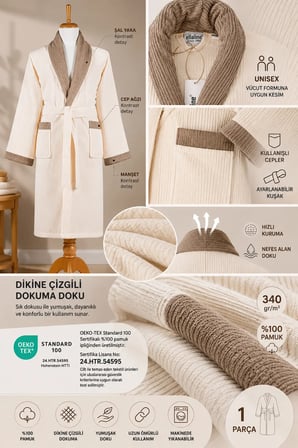 Çizgili Bornoz %100 Pamuk Sertifikalı,1 Parça Kontrast Şalyaka Bornoz / Sabahlık Krem Renk