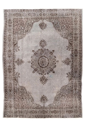 (255 X 356 CM) Kahverengi Ve Gri Tonlarda Renkli Anadolu Halısı, El Dokuması Madalyon Desenli Halı