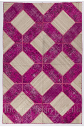200x300 Cm El Yapımı Renkli Patchwork Halı, El Dokuma Bej Ve Pembe Renkli Peçvörk Alan Halısı