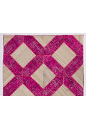 200x300 Cm El Yapımı Renkli Patchwork Halı, El Dokuma Bej Ve Pembe Renkli Peçvörk Alan Halısı