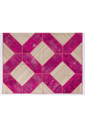 200x300 Cm El Yapımı Renkli Patchwork Halı, El Dokuma Bej Ve Pembe Renkli Peçvörk Alan Halısı