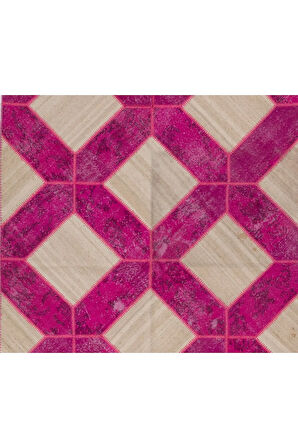 200x300 Cm El Yapımı Renkli Patchwork Halı, El Dokuma Bej Ve Pembe Renkli Peçvörk Alan Halısı