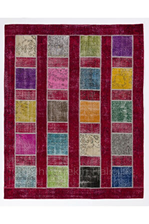 244x305 Cm Çok Renkli El Dokuması Patchwork Halı, Renkli Peçvörk, Modern Kırmızılı Yün Halı