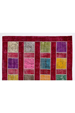 244x305 Cm Çok Renkli El Dokuması Patchwork Halı, Renkli Peçvörk, Modern Kırmızılı Yün Halı