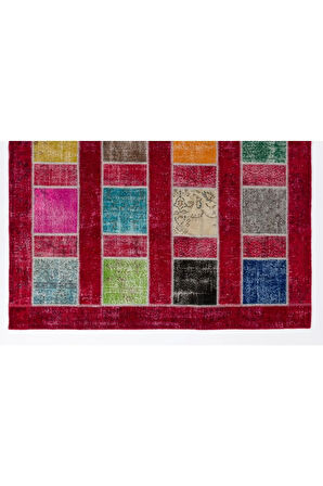 244x305 Cm Çok Renkli El Dokuması Patchwork Halı, Renkli Peçvörk, Modern Kırmızılı Yün Halı