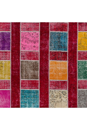 244x305 Cm Çok Renkli El Dokuması Patchwork Halı, Renkli Peçvörk, Modern Kırmızılı Yün Halı