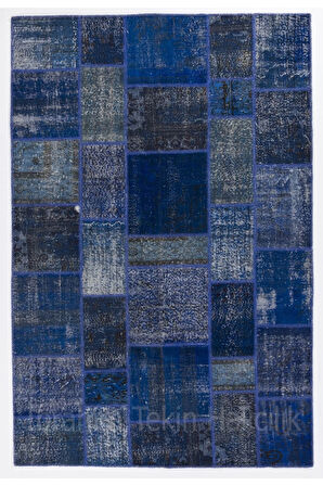 200x300 cm Mavi Tonlarda El Dokuması Patchwork Halı, Modern Ve Otantik Patchwork