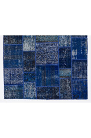 200x300 cm Mavi Tonlarda El Dokuması Patchwork Halı, Modern Ve Otantik Patchwork