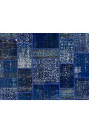 200x300 cm Mavi Tonlarda El Dokuması Patchwork Halı, Modern Ve Otantik Patchwork