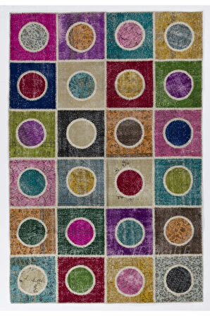 200x300 Cm Çok Renkli El Dokuması Yünlü Alan Halısı, Geometrik Patchwork Halı, Modern Peçvörk Halı