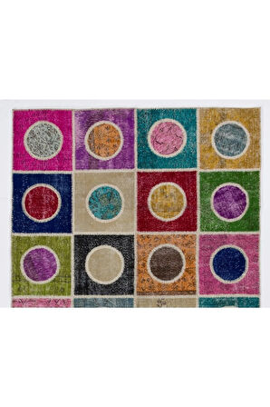 200x300 Cm Çok Renkli El Dokuması Yünlü Alan Halısı, Geometrik Patchwork Halı, Modern Peçvörk Halı