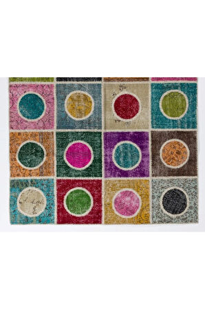 200x300 Cm Çok Renkli El Dokuması Yünlü Alan Halısı, Geometrik Patchwork Halı, Modern Peçvörk Halı