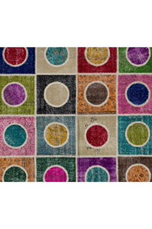 200x300 Cm Çok Renkli El Dokuması Yünlü Alan Halısı, Geometrik Patchwork Halı, Modern Peçvörk Halı