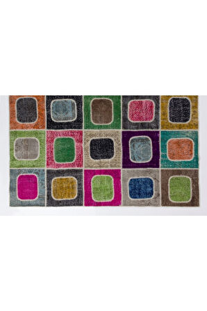 244x305 Cm Çok Renkli Modern El Dokuması Kare Desenli Modern Patchwork Halı
